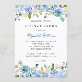 Convite para Quinceanera Floral Azul Elegante