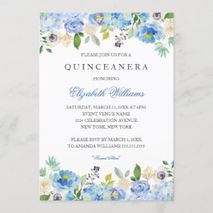 Convite para Quinceanera Floral Azul Elegante