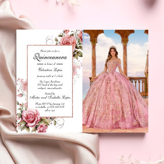 Convite para Quinceanera Floral Cor-de-Rosa Escamu