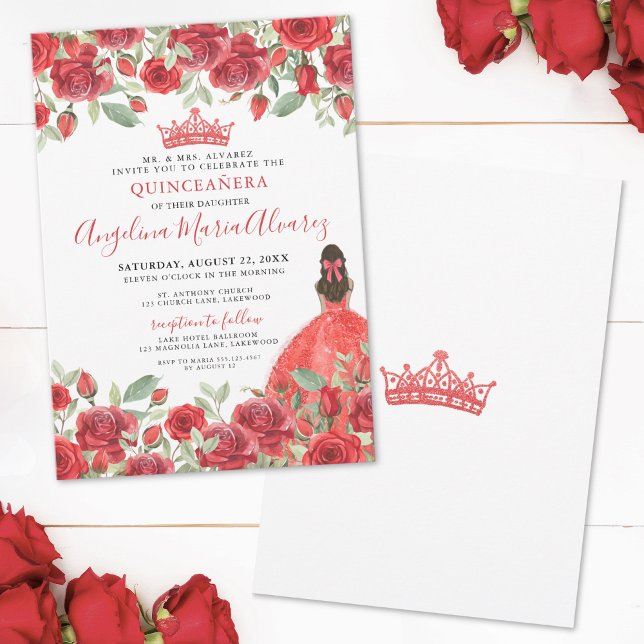 Convite para Quinceanera Floral do Rosa vermelha (Red Roses Floral Quinceanera Invitation)