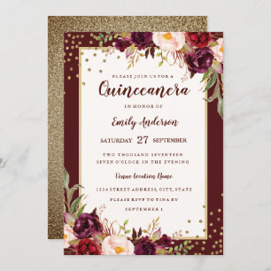 Convite para Quinceanera floral Dourado Burgundy