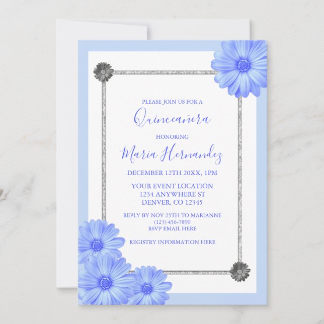 Convite para Quinceanera Floral Elegante Azul Clar (Frente)