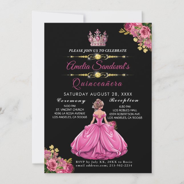Convite para Quinceanera Floral Elegante Dourado R (Frente)