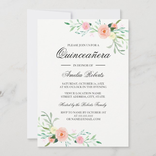 Convite para Quinceanera Floral Elegante Watercolo (Frente)