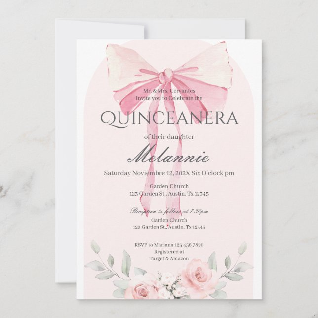 Convite para Quinceañera Floral Rosa (Frente)