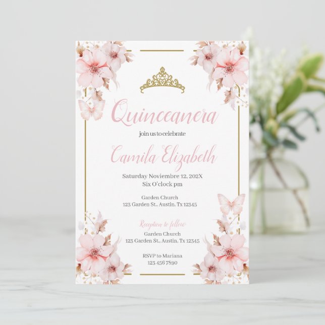 Convite para Quinceañera Floral Rosa (Em pé/Frente)