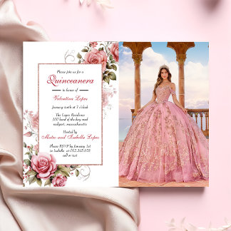 Convite para Quinceañera Floral Rosa-Escamudo Eleg