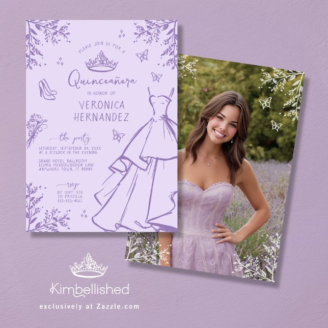 Convite para Quinceanera Foto Escrivível lavanda (Front and Back)