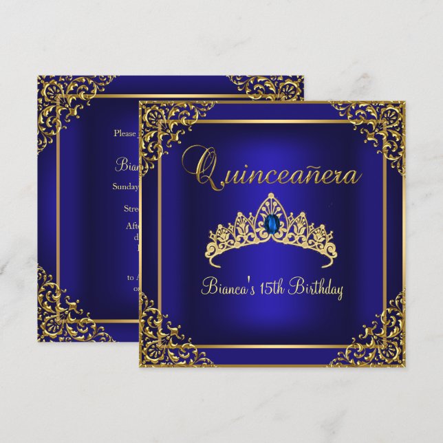 Convite para Quinceanera Gem Tiara Dourada e Azul (Frente/Verso)