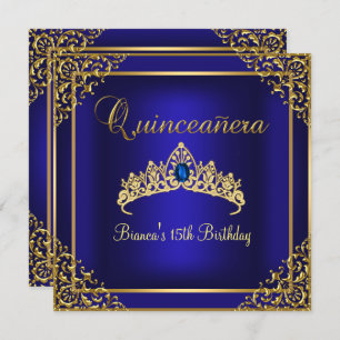 Convite para Quinceanera Gem Tiara Dourada e Azul