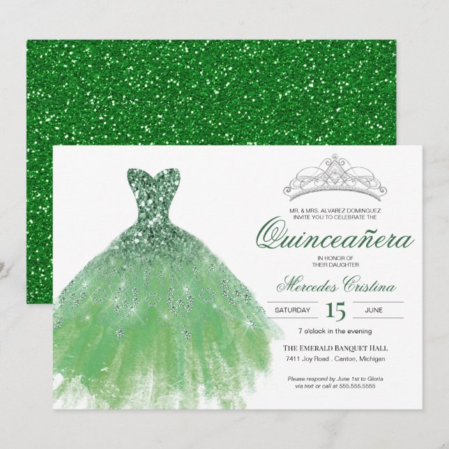 Convite para Quinceañera Glam Gown Glitter Verde (Frente/Verso)