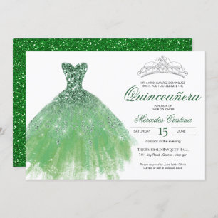 Convite para Quinceañera Glam Gown Glitter Verde