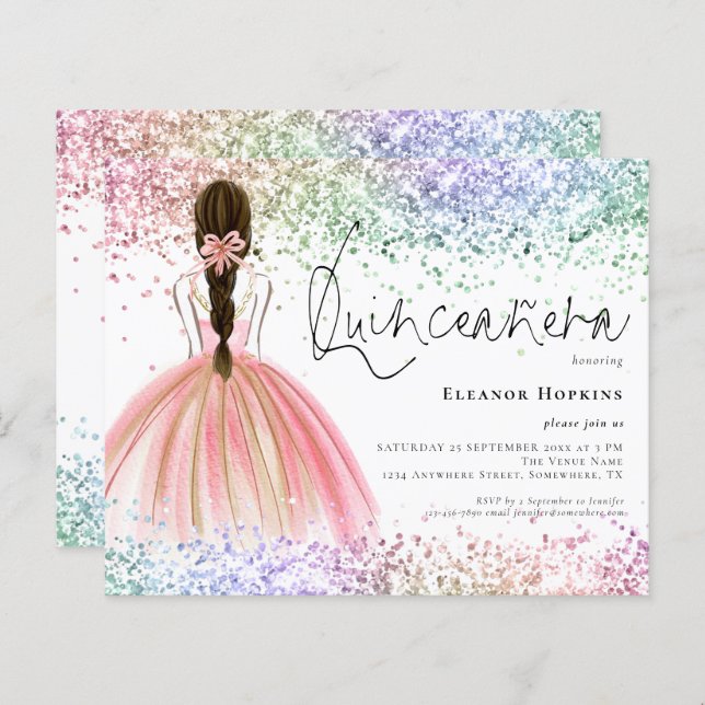 Convite para Quinceanera Glitter Multicoloração de (Frente/Verso)