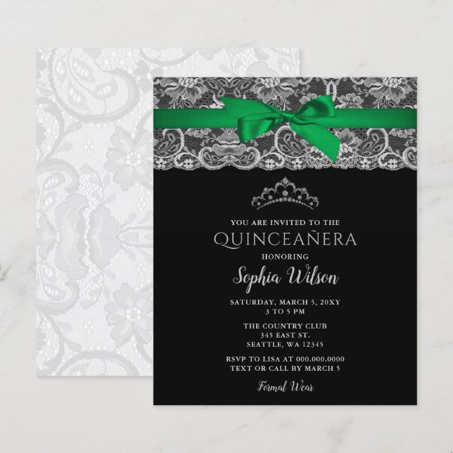 Convite para Quinceañera, Lace Verde de Fita (Frente/Verso)