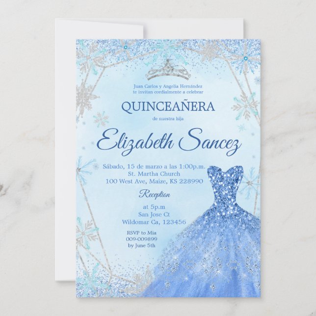 Convite para Quinceanera marinho Blue e Silver Win (Frente)
