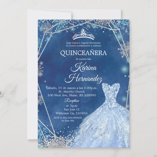 Convite para Quinceanera marinho Blue e Silver Win (Frente)