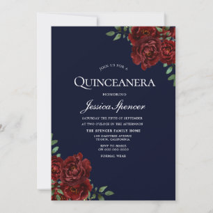 Convite para Quinceanera, Marinho e Rosa vermelha 
