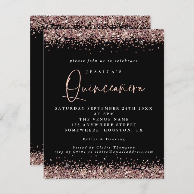 Convite para Quinceanera Preta de Glitter Dourado  (Frente/Verso)