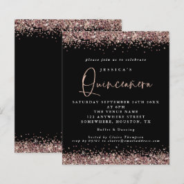 Convite para Quinceanera Preta de Glitter Dourado 
