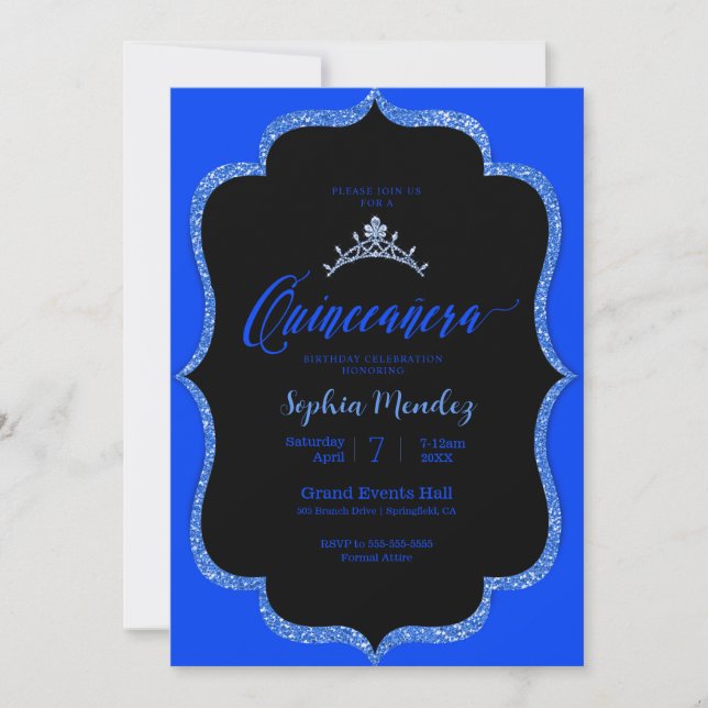 Convite para Quinceanera preto e azul (Frente)