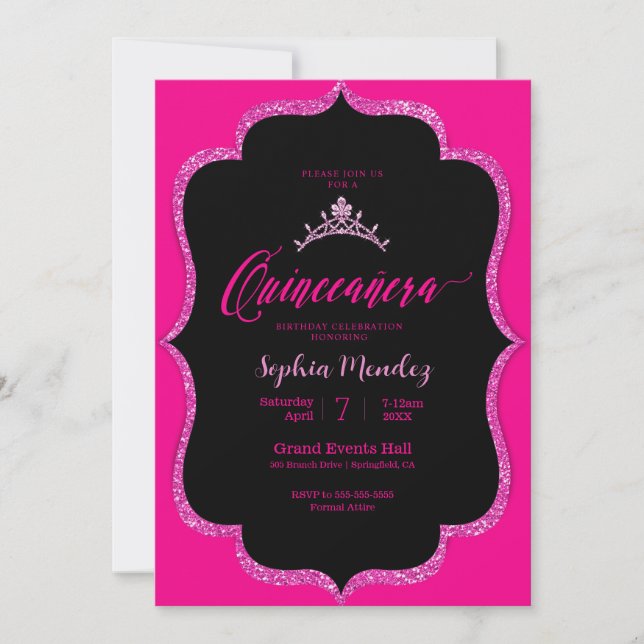 Convite para Quinceanera Preto e Rosa (Frente)