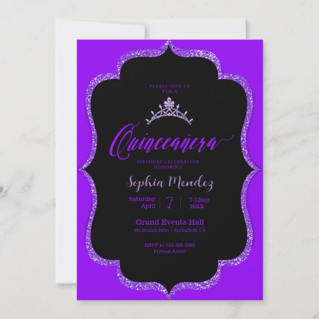 Convite para Quinceanera preto e roxo (Frente)