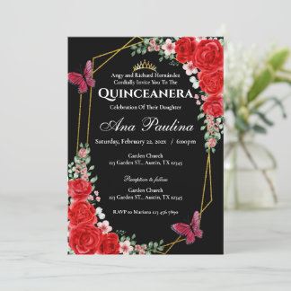 Convite para Quinceañera Preto Red Floral