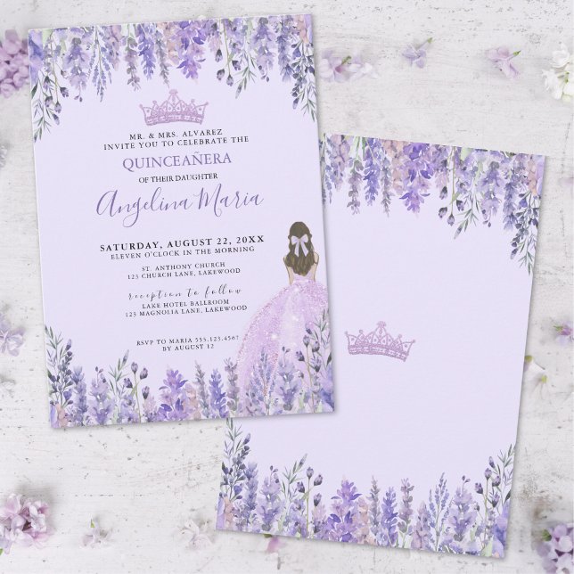 Convite para Quinceanera Puro de Lavanda Floral (Floral Lavender Purple Quinceanera Invitation)