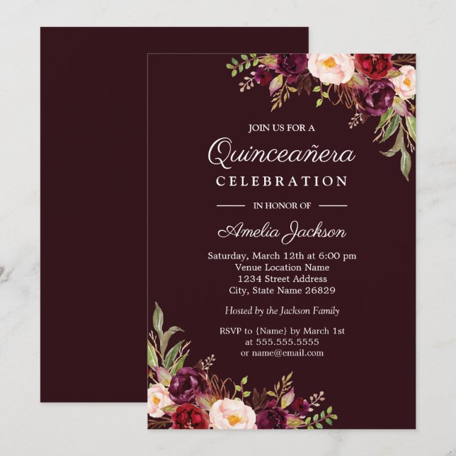 Convite para Quinceanera Red Floral de Borgonha Pr (Frente/Verso)