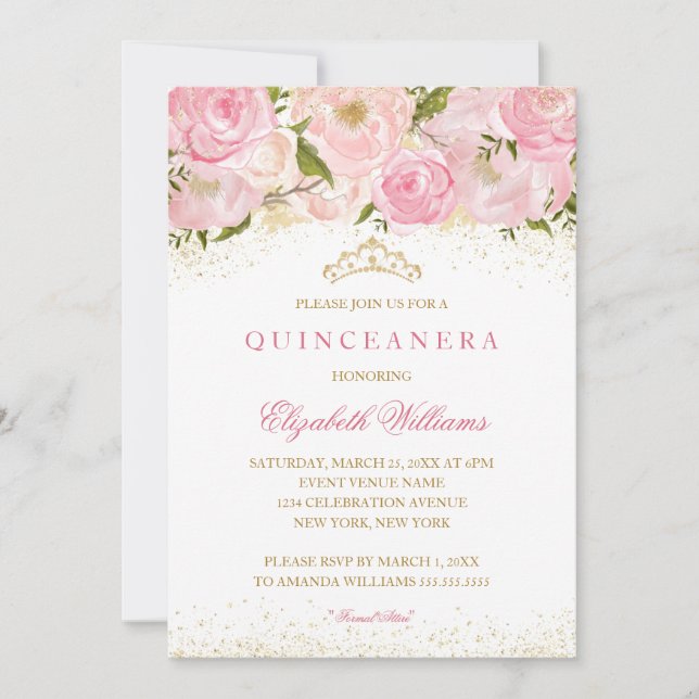 Convite para Quinceanera, Rosa de cor rosa Dourada (Frente)