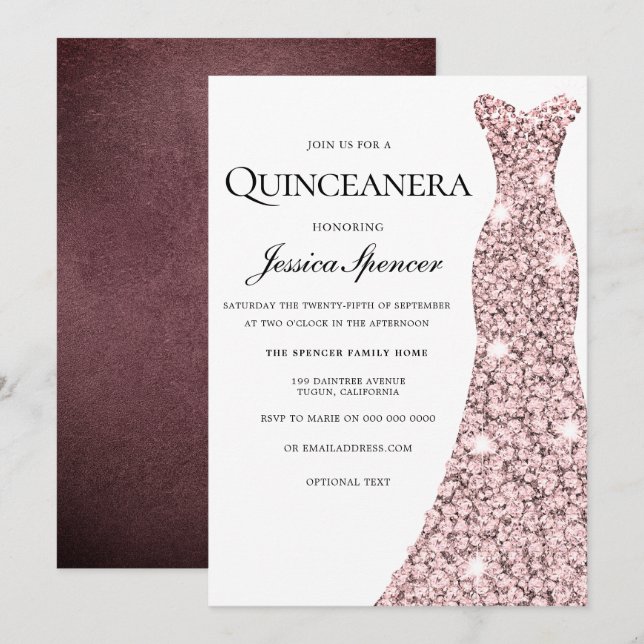 Convite para Quinceanera, rosa Dourado e Burgundy  (Frente/Verso)