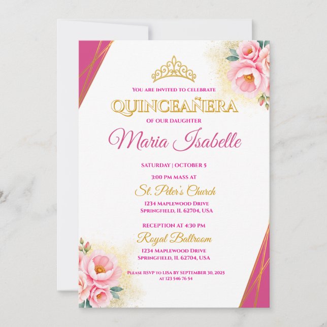 Convite para Quinceañera rosa e Dourada (Frente)