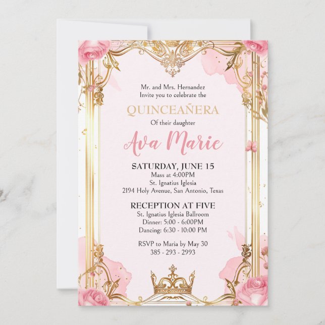 Convite para Quinceañera, rosa e Dourada (Frente)