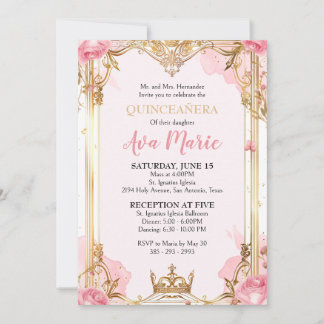 Convite para Quinceañera, rosa e Dourada