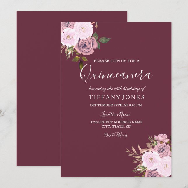 Convite para Quinceanera, Rosa, Rosa Burgundy (Frente/Verso)