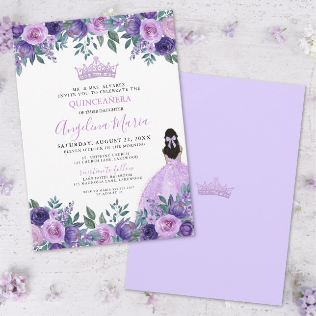 Convite para Quinceanera, Rosa Roxo Floral (Floral Purple Rose Quinceanera Invitation)