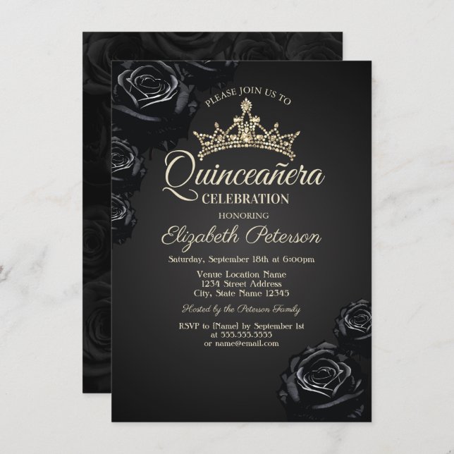 Convite para Quinceañera Rosas Negros Elegantes (Frente/Verso)