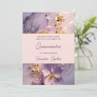 Convite para Quinceañera, Roxo Elegante e Dourada