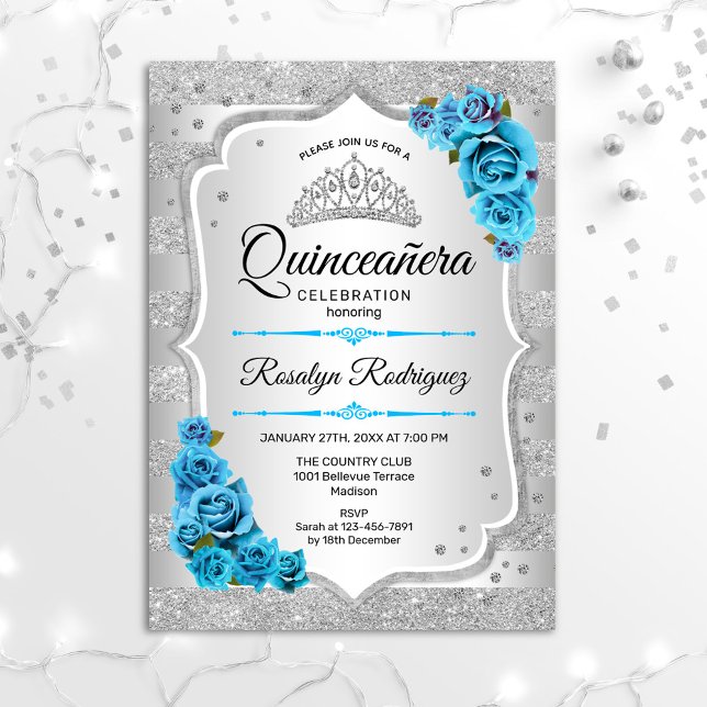Convite para Quinceanera Silver Icy Blue Turquoise (Criador carregado)