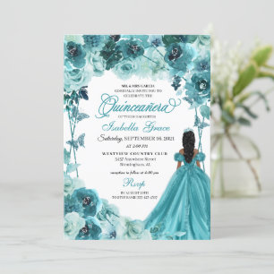 Convite para Quinceanera Teal Floral Elegante