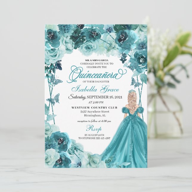 Convite para Quinceanera Teal Floral Elegante (Em pé/Frente)