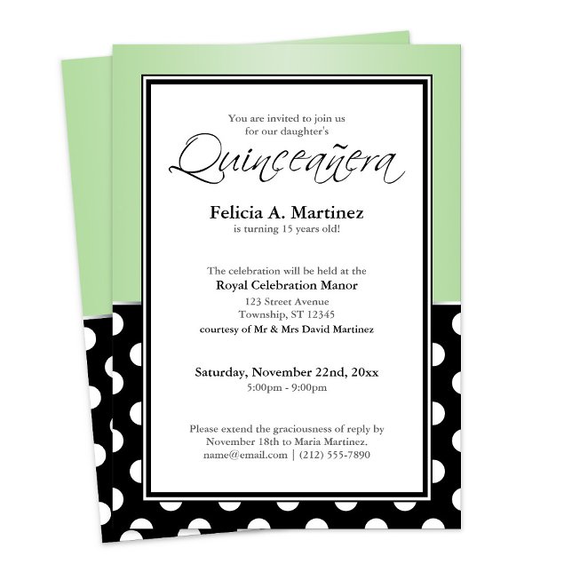 Convite para Quinceañera Verde da Bolinhas Negra R (Royal Black Polka Dot Green Quinceanera Invitation at Quinceanera Event on Zazzle.)