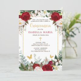 Convite para Quinceanera Vermelha e Dourada em Esp