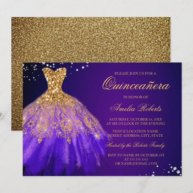 Convite para Quinceanera, Vestido Dourado Roxo (Frente/Verso)