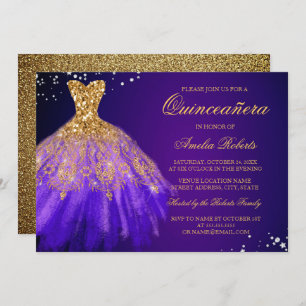 Convite para Quinceanera, Vestido Dourado Roxo