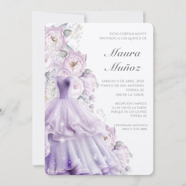 Convite para quinceñera de vestido roxo (Frente)