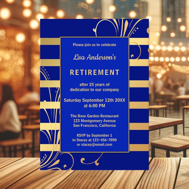 Convite para Reforma Floral Dourada Azul (Elegant retirement party invitation in navy and royal blue with gold stripes and floral designs)