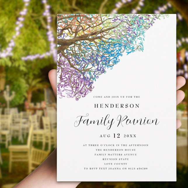 Convite para Reunião da Família Colorida em Árvore (Colorful tree branches watercolor family reunion invitation Modern elegant script )