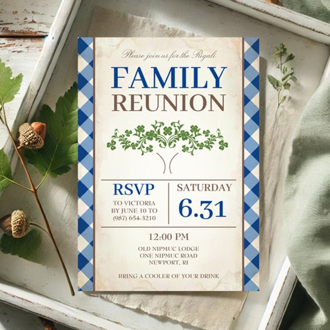 Convite para Reunião da Família de Árvores (Blue gingham family reunion invitation with tree by VG Invites.)