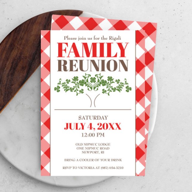 Convite para Reunião da Família, Tablecloth do Ver (Family reunion invitations features red gingham print with family tree. )